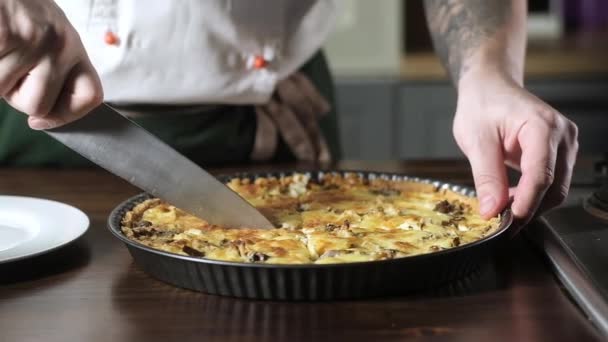 Torta Com Crosta Queijo Cozinheiro Corta Uma Torta Com Cogumelos — Vídeo de Stock