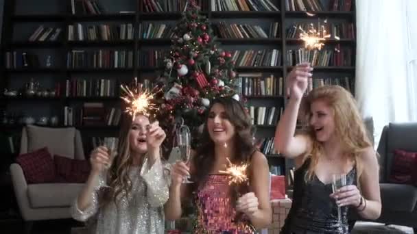 在圣诞节喝一杯香槟玩乐的女人 女朋友们在镜头前大笑 浪花点燃了火花 女孩们在圣诞树下喝香槟 圣诞喜庆气氛 — 图库视频影像