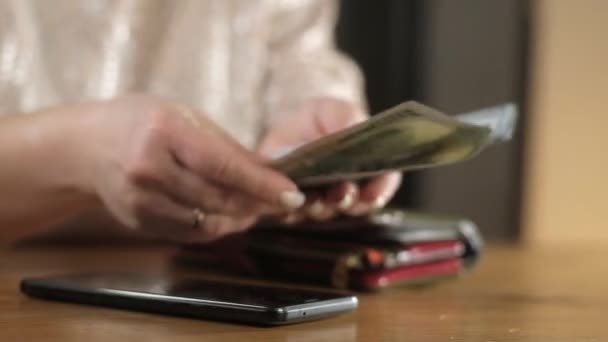 Kız Çantasına Iki Yüz Dolarlık Banknot Koyuyor — Stok video