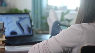 Genç bir girişimci kız, ayakları masada bir sandalyede oturuyor ve dinleniyor. İşte mola. Mesafeli bir iş. Ev ofisinde çalışma kavramı..