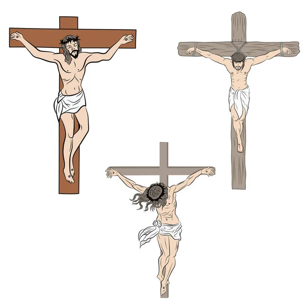 Conjunto Jesús Cruz Ilustración Blanco Negro Color Crucifixión Jesús Cruz — Vector de stock