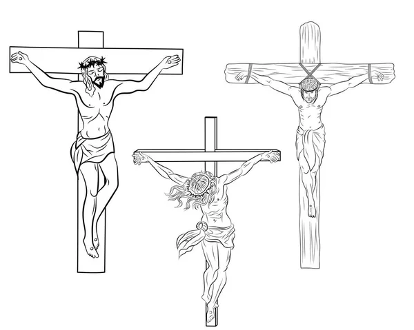 耶稣在十字架上的集合 黑白和彩色插图 耶稣被钉在十字架上 隔离在一个白色的背景上 矢量说明 — 图库矢量图片