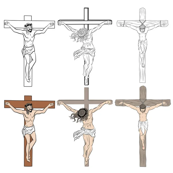 Jesus Korset Svart Och Vitt Och Färg Illustration Korsfästelse Jesus — Stock vektor