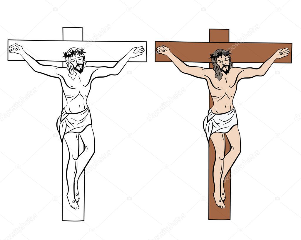 Set of Jesus on the cross. Black and white and color illustration. Crucifixion of Jesus on the cross in isolate on a white background. Vector illustration