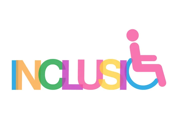 Inclusione concetto di parola a colori con illustrazione vettore sedia a rotelle — Vettoriale Stock