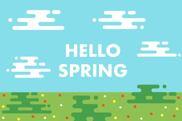 Hello Spring Landscape Background Field Clouds Vector Illustration — Stock Vector