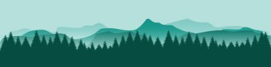 Dumanlı dağ manzarası orman silueti vektör çizimi