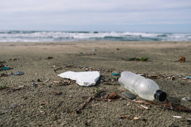 Vahşi deniz kıyısındaki plastik şişe bulanık dalgaların arka planında, gezegen kaydediliyor