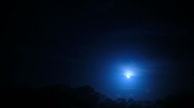 Bulutlar ayın üstünde hareket eder. Derin mavi yıldızlar üzerinde. Gece gökyüzü arka planı, zaman ayarlı 4k.