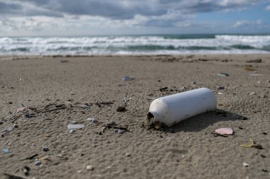 Kışın deniz kıyısındaki plastik konteynır bulanık arka planda, gezegen tasarruf kavramı
