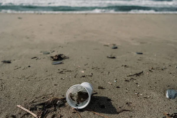 Vidro plástico na costa do mar de inverno sobre fundo borrão, conceito de poluição do planeta — Fotografia de Stock