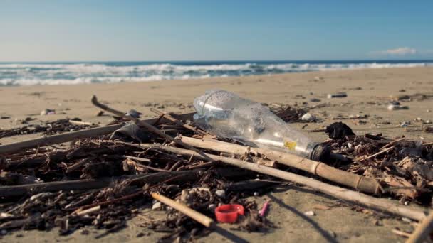 Пластиковая бутылка мусор на загрязненном пляже над морскими волнами движения фона, 4k — стоковое видео