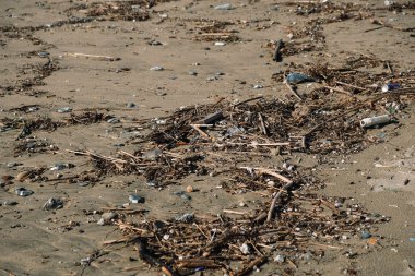 Deniz kıyısındaki mikro plastik kirliliği bulanık arkaplan üzerinde, gezegen tasarruf kavramı