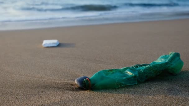 Bouteille en plastique sur le rivage de la mer sur fond de mouvement vagues floues, planète sauver, 4k — Video