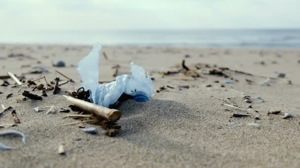Молодой человек собирает пластиковый мусор на берегу моря, убирает загрязнение экосистемы, 4k — стоковое видео