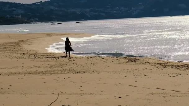 Silhueta mulher andando na praia litoral, atmosfera de humor 4k — Vídeo de Stock