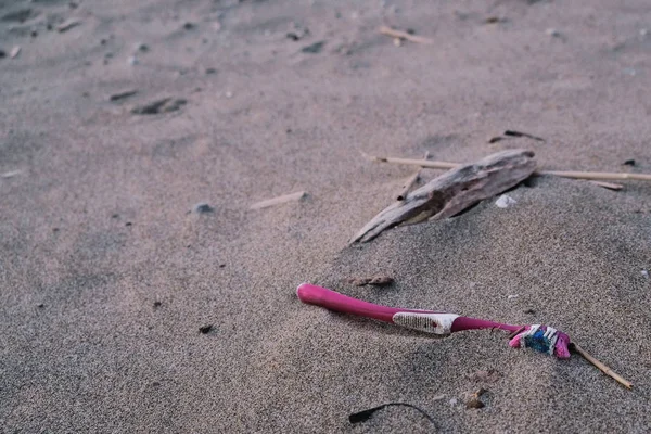 Toothbrush garbage sea pollution on winter sandy sea ecosystem, human polluted
