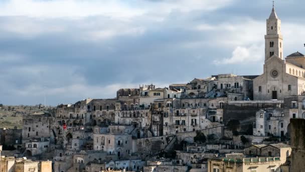 High view of architecture skyline of matera, italy, church, clouds motion timelapse — стоковое видео