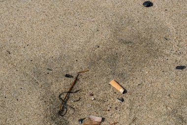 Kumlu deniz kıyısında sigara izmariti kirliliği, kirlenmiş okyanus ekosistemi kavramı 