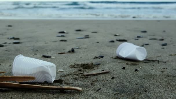 Plastic glasses trash on sandy sea shore waves motion,polluted nature,cilento — Stock Video