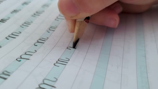 Close up of primary school kid doing homework on letter write excercise book — ストック動画