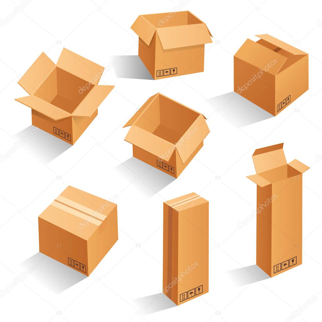 Cardboard box mockup set. open and closed mockup, isolated on white background. Brown delivery set vector. Realistic illustration