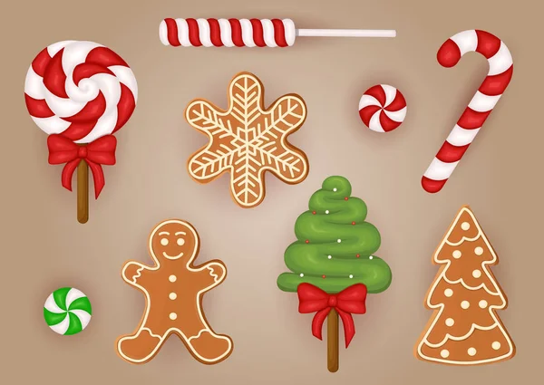 Set di bastoncini di zucchero natalizio realistici — Vettoriale Stock