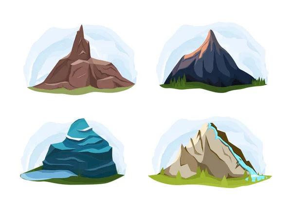 Verschillende vormen van bergen met landschappen van levendige kleurenschema 's. — Stockvector