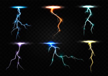 Colored lightning bolt vector set on transparent background.