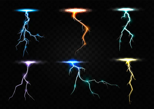 Colored lightning bolt vector set on transparent background. — Stock vektor