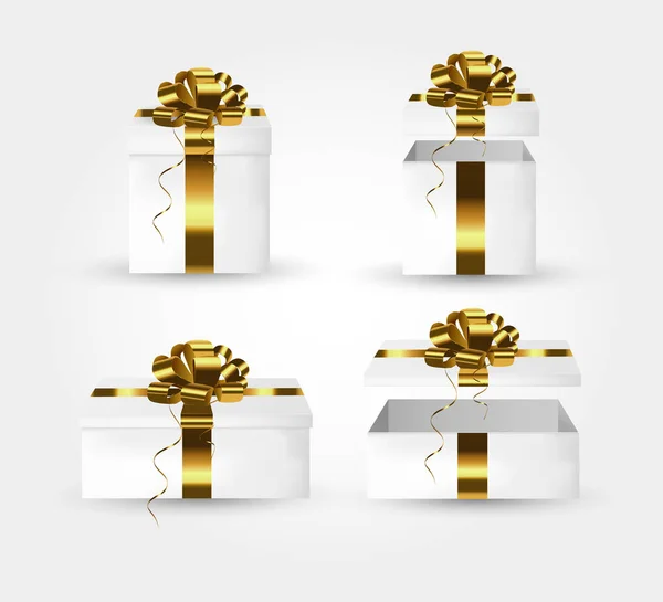 Open gift boxes with gold satin bows. — 스톡 벡터