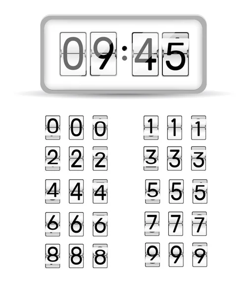 Retro style flip clock or scoreboard mechanical numbers 1 to 0 set white on black — Stock Vector