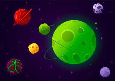 Uzay gezegenleri, asteroid, fantastik kozmik illüstrasyon.