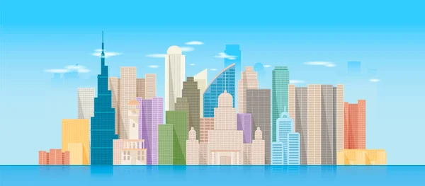 Rascacielos de ciudad con cielo azul y brillante — Vector de stock