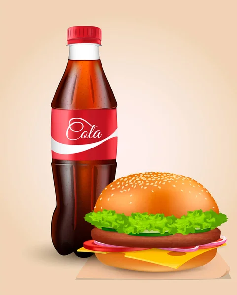 Bottle of soda. Fast food drink and burger. — Stock Vector