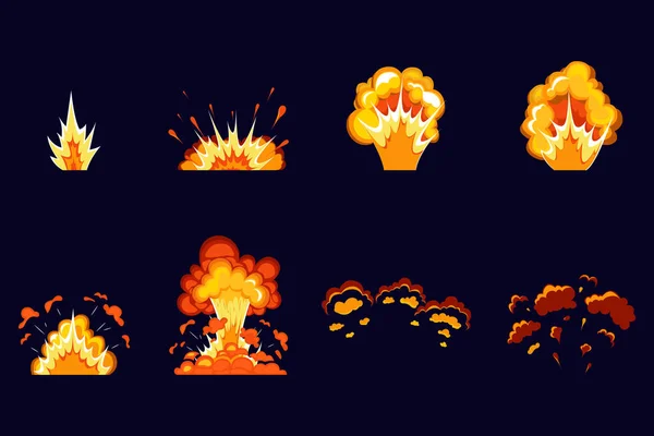 Explosión de bomba y explosión de fuego conjunto de dibujos animados . — Vector de stock
