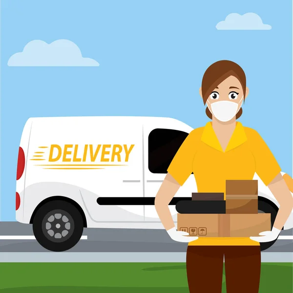 Delivery woman with a package — Stock Vector