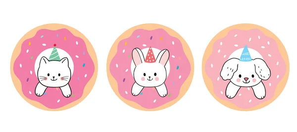 Dibujos Animados Lindo Gato Conejo Perro Fresa Donut Vector — Archivo Imágenes Vectoriales