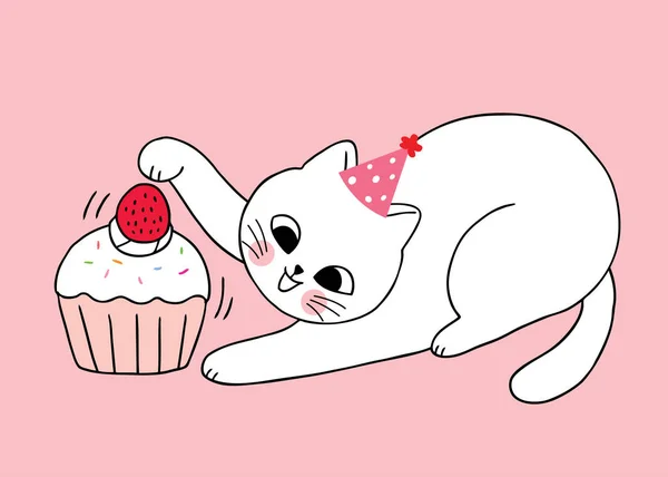 Tecknad Söt Bedårande Katt Spelar Jordgubbe Cupcake Vektor — Stock vektor