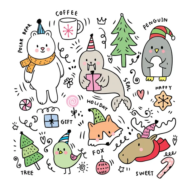 Cartoon Cute Christmas Pole Animals Doodle Vector — стоковый вектор
