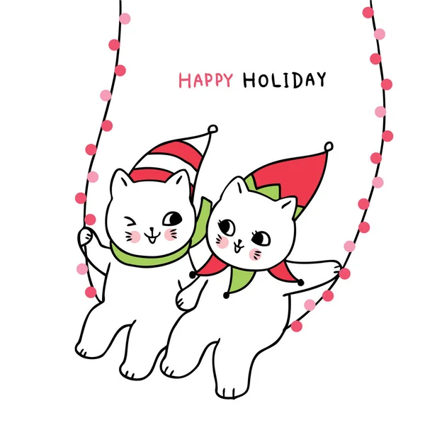 Dibujos Animados Lindo Navidad Pareja Gatos Swing Luz Vector — Vector de stock