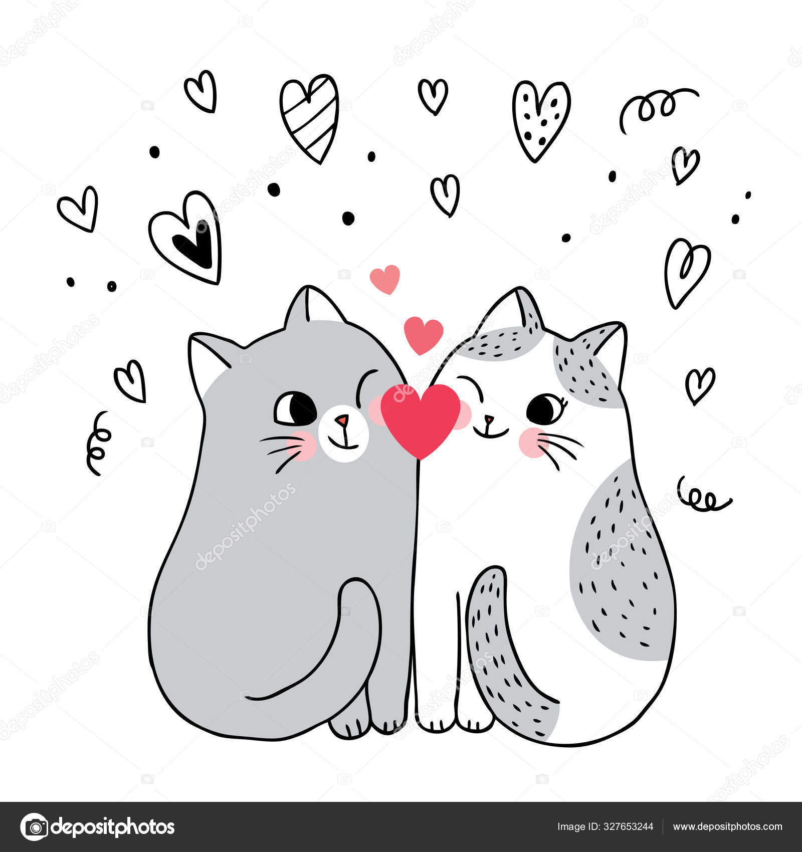 Kartun Cute Valentines Hari Beberapa Kucing Dan Vektor Jantung Stok Vektor MeawZy 327653244