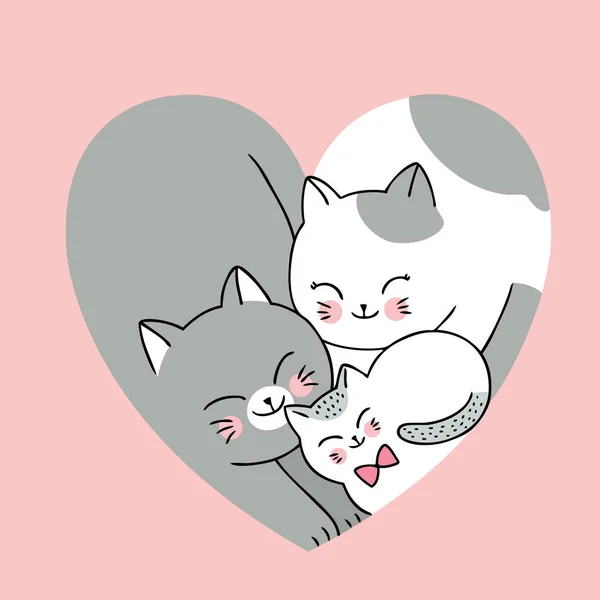 Cartoon Cute Walentynki Rodzina Koty Kształcie Wektor Serca — Wektor stockowy