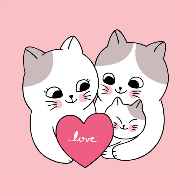 Dessin Animé Mignon Valentines Famille Chats Blancs Vecteur Cardiaque — Image vectorielle