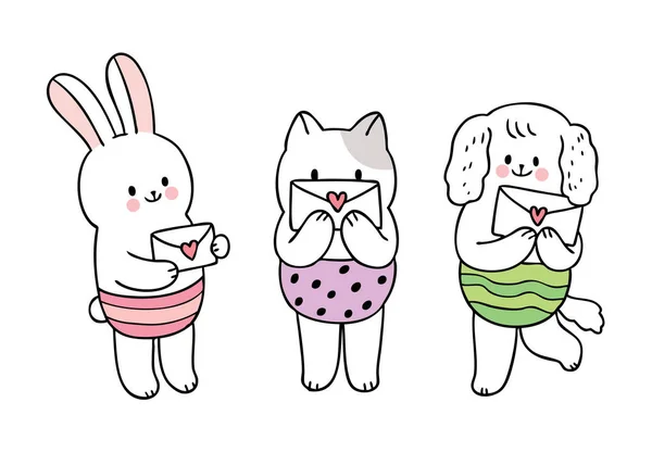 Cartoon Cute Valentines Day Cat Rabbit Dog Love Letter Vector — Stock Vector
