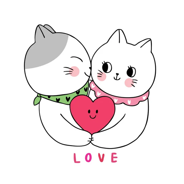 Cartoon Cute Valentines Day White Cats Lover Kissing Vector — Stock Vector