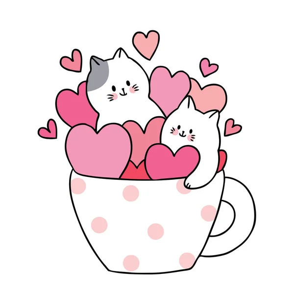 Cartoon Cute Valentines Day White Cats Many Hearts Cup Coffee — Stock vektor