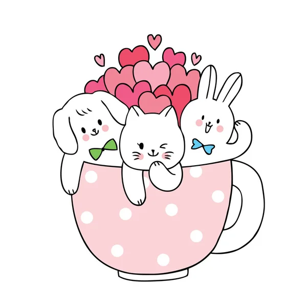 Cartoon Cute Valentines Day Cat Dog Rabbit Many Hearts Cup — Stock vektor