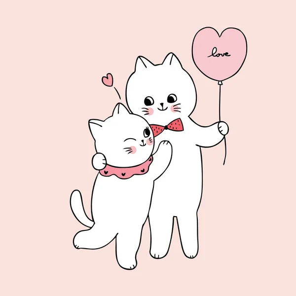 Cartoon Cute Valentines Day White Cats Lover Hugging Vector — Stock vektor