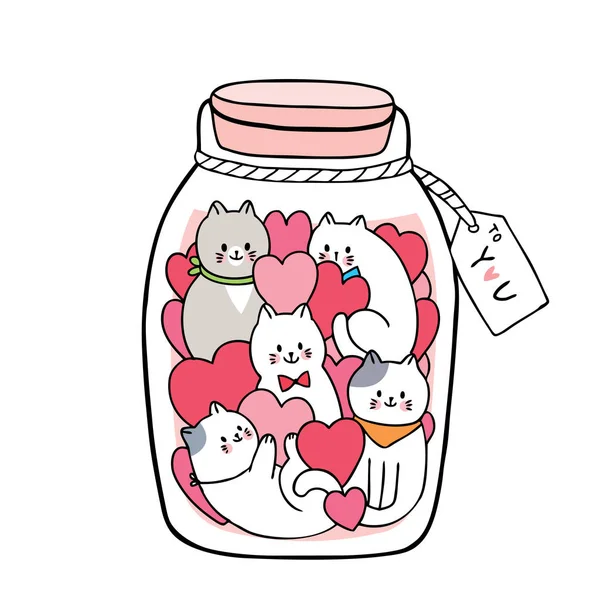 Cartoon Niedlichen Valentinstag Weißen Katzen Und Viele Herzen Glasflaschen Vektor — Stockvektor